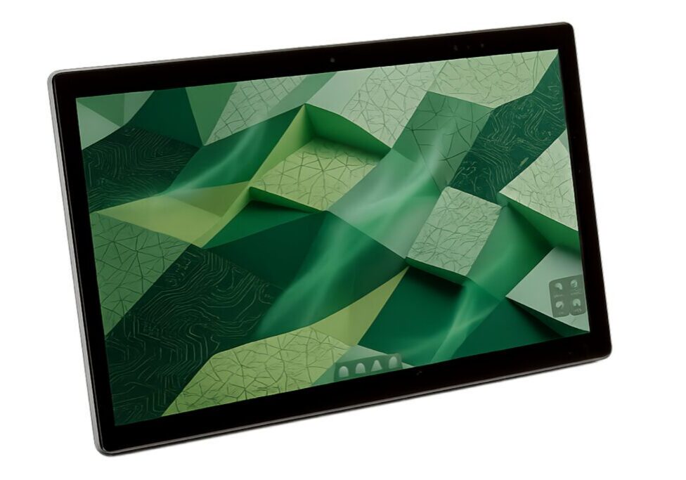 Close-up tablet display of green facets