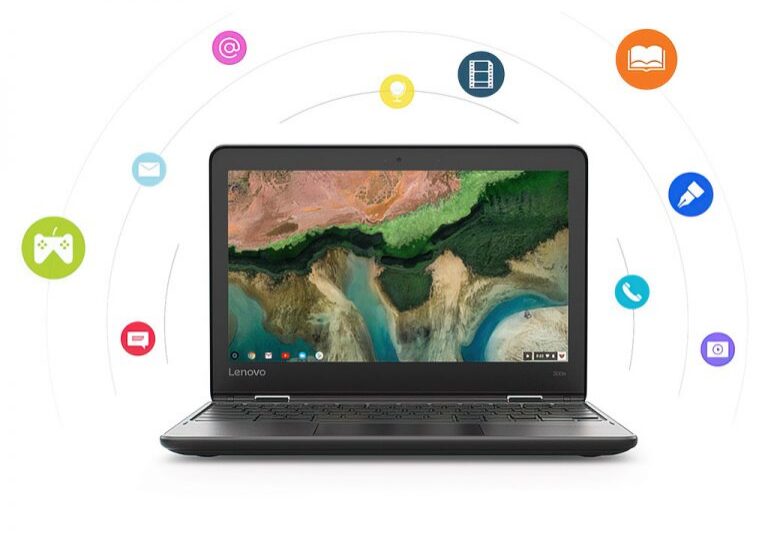 Open laptop surrounded by various digital icons